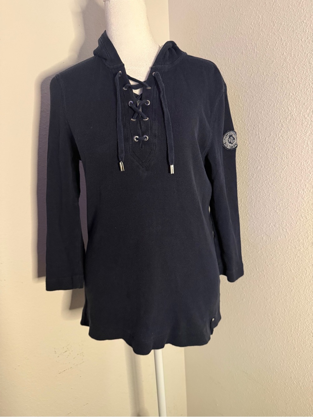 Vintage Lauren Active Ralph Lauren Navy Waffle Knit Lace Up Hoodie M